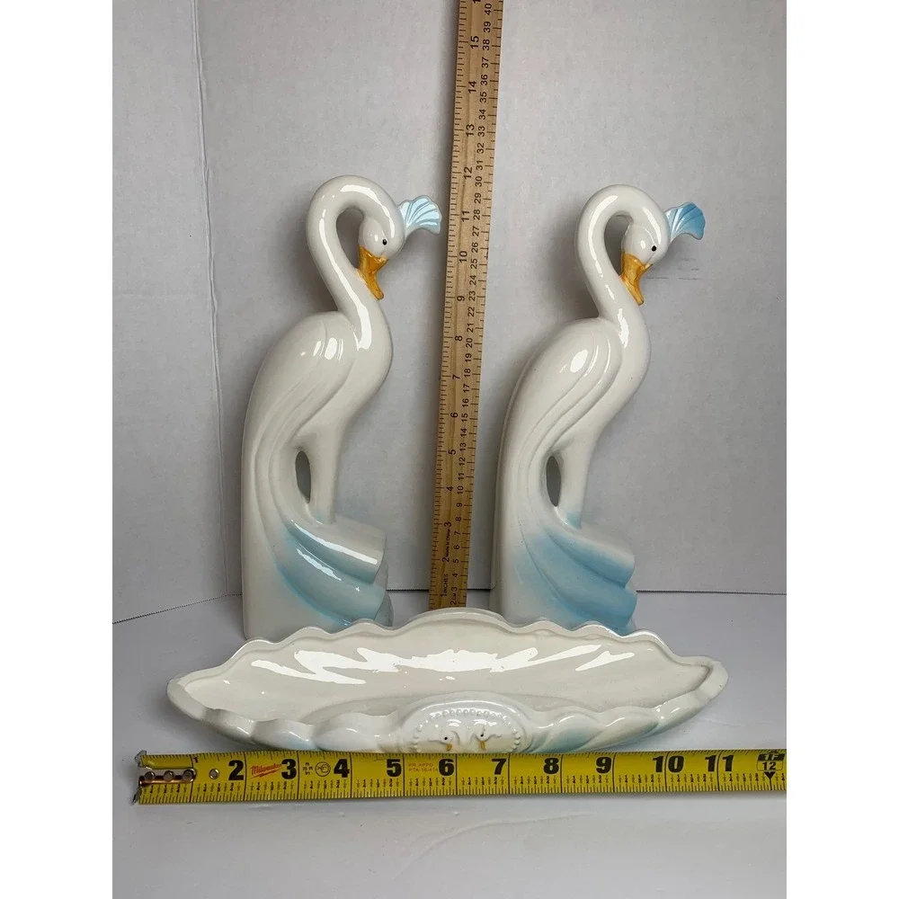 Vintage 1988 Artmark Chicago Ceramic Crane Figurine‎ Console Set White Blue 3pc